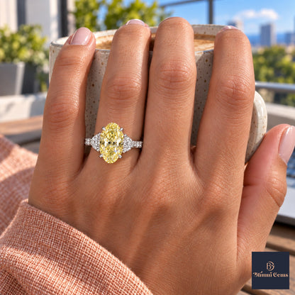 Yellow Oval Cut Lab Grown Diamond Engagement Ring - Half Moon Pave in white gold, on the hand