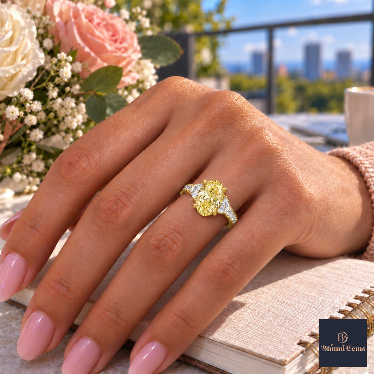 Yellow Oval Cut Lab Grown Diamond Engagement Ring - Half Moon Pave in yellow gold, worn on the hand