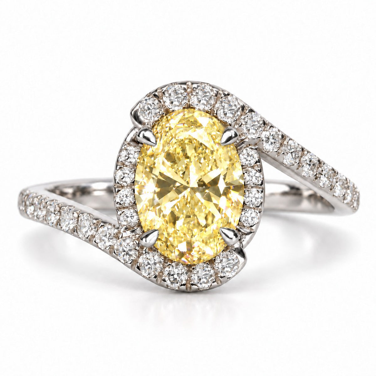 Yellow Oval Cut Lab Grown Diamond Engagement Ring - Halo Bypass in white gold, front view