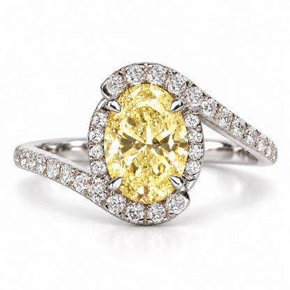 Yellow Oval Cut Lab Grown Diamond Engagement Ring - Halo Bypass in white gold, front view