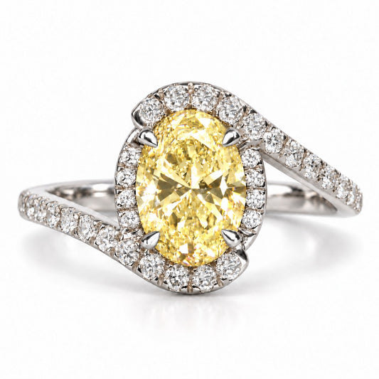 Yellow Oval Cut Lab Grown Diamond Engagement Ring - Halo Bypass in white gold, front view