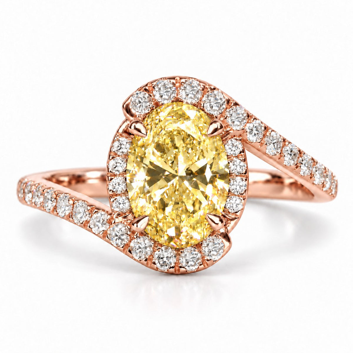 Yellow Oval Cut Lab Grown Diamond Engagement Ring - Halo Bypass in rose gold, front view