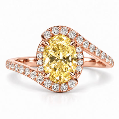 Yellow Oval Cut Lab Grown Diamond Engagement Ring - Halo Bypass in rose gold, front view