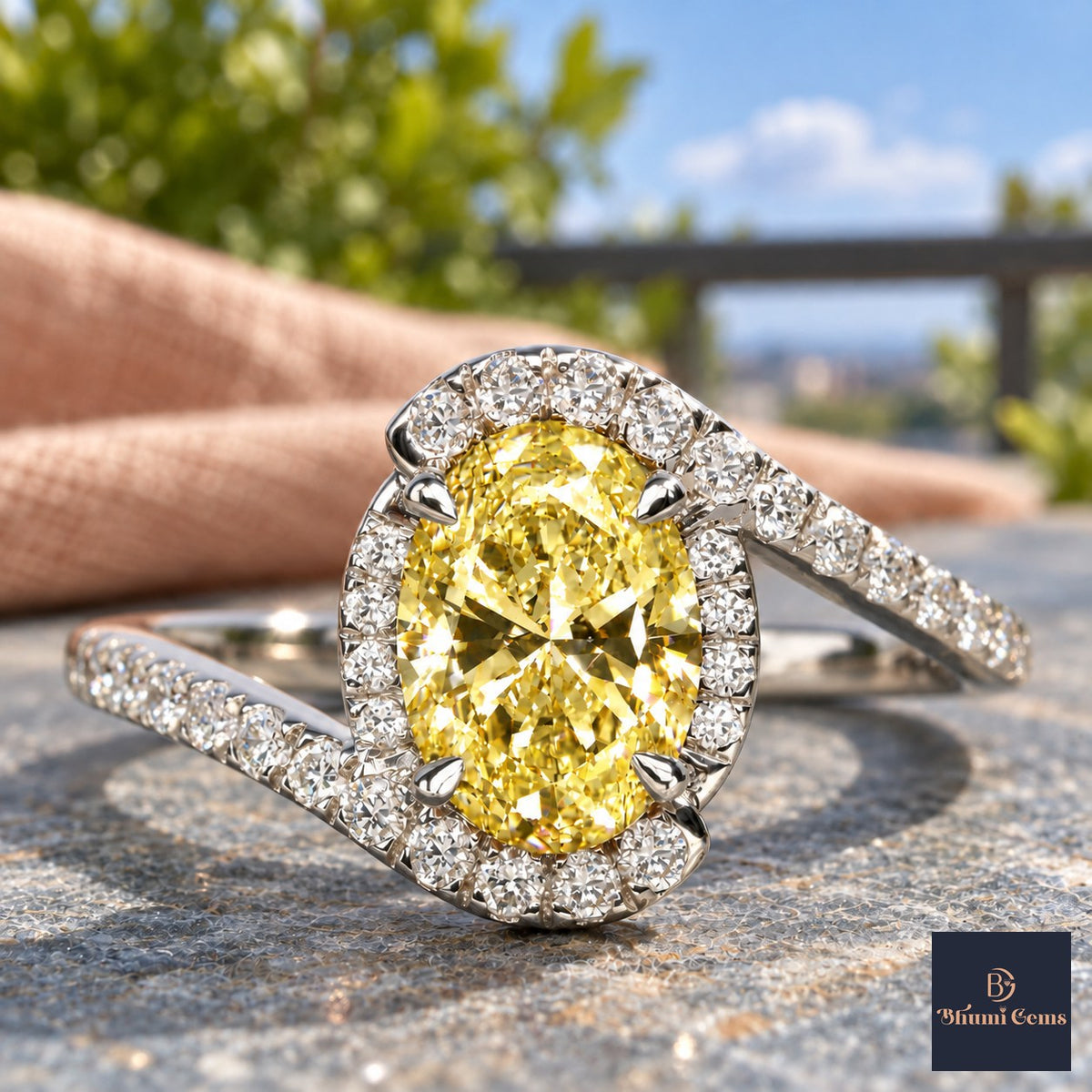 Yellow Oval Cut Lab Grown Diamond Engagement Ring - Halo Bypass in white gold, close-up