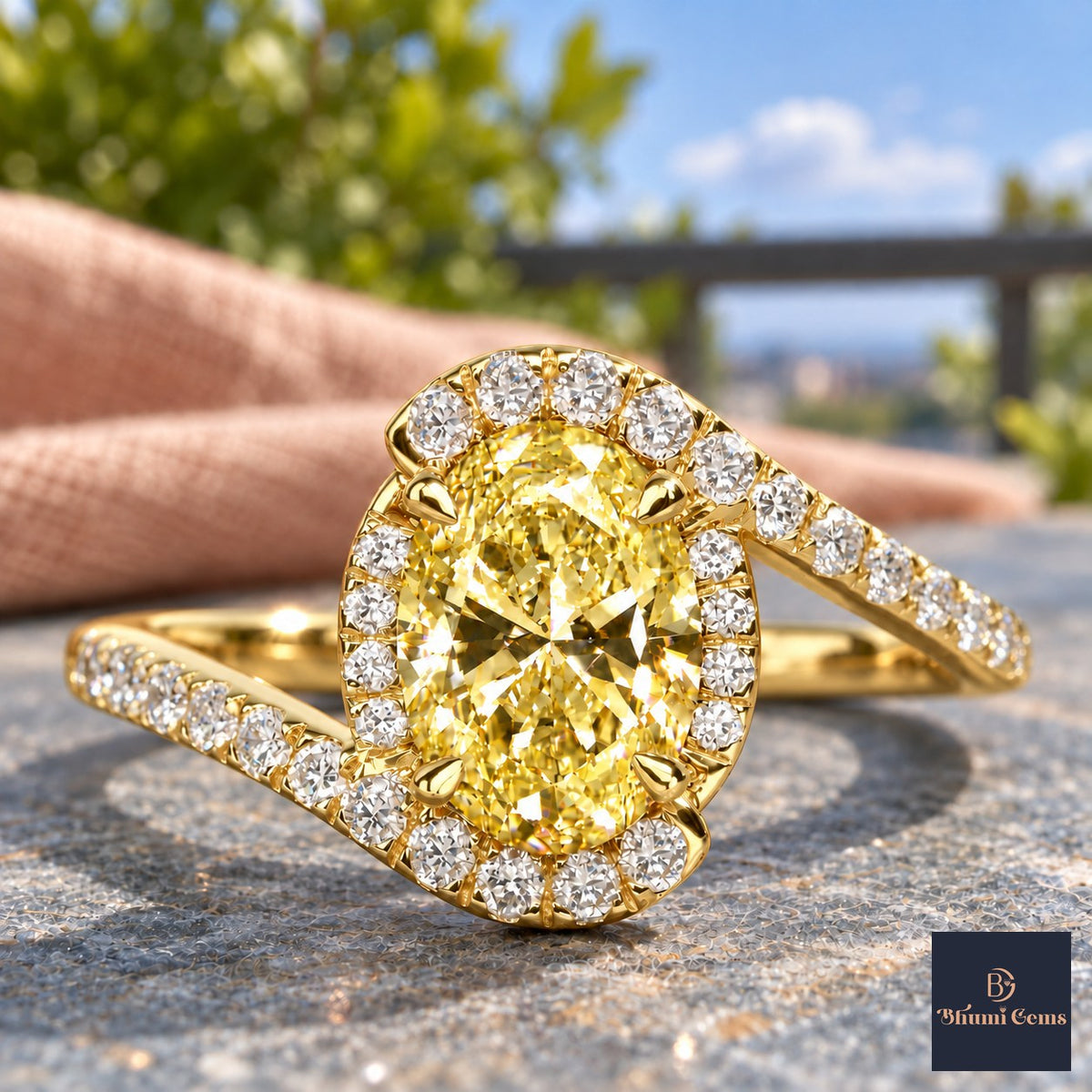 Yellow Oval Cut Lab Grown Diamond Engagement Ring - Halo Bypass in yellow gold, close-up