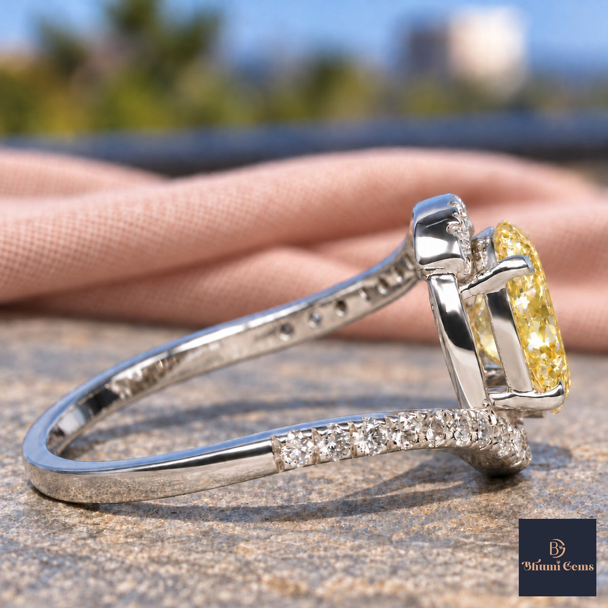 Yellow Oval Cut Lab Grown Diamond Engagement Ring - Halo Bypass in white gold, side view