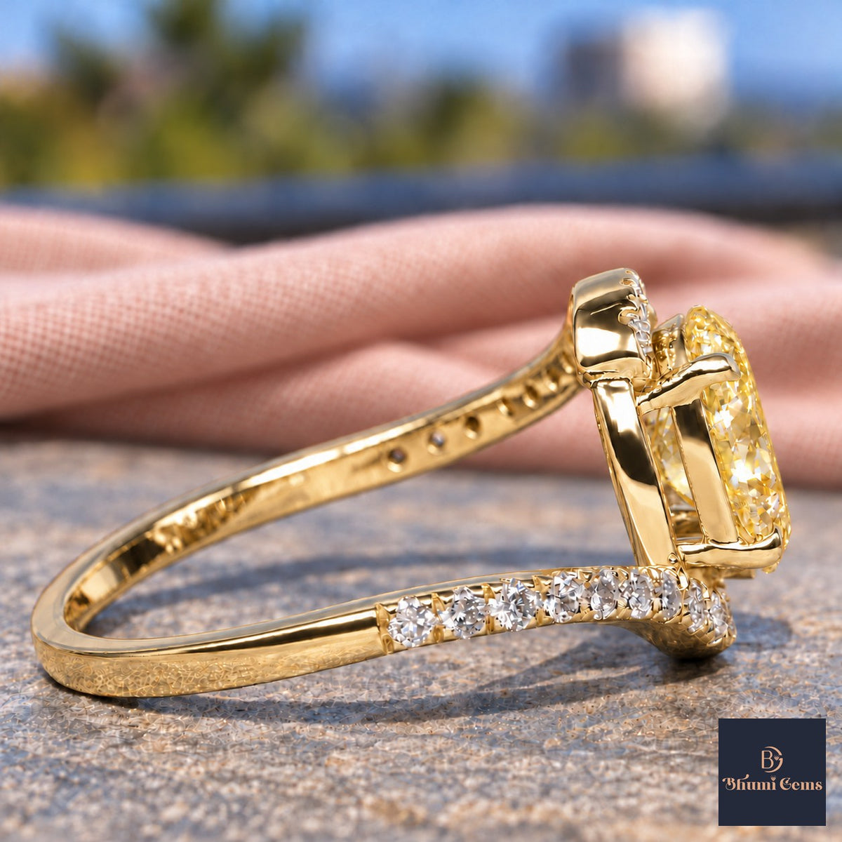 Yellow Oval Cut Lab Grown Diamond Engagement Ring - Halo Bypass in yellow gold, side view