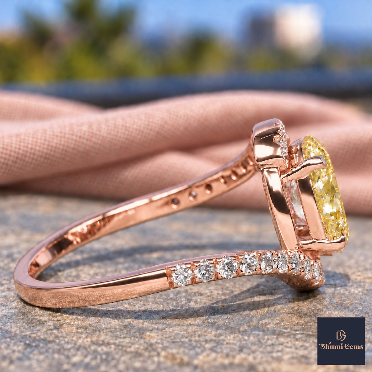 Yellow Oval Cut Lab Grown Diamond Engagement Ring - Halo Bypass in rose gold, side view