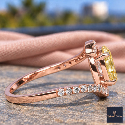 Yellow Oval Cut Lab Grown Diamond Engagement Ring - Halo Bypass in rose gold, side view