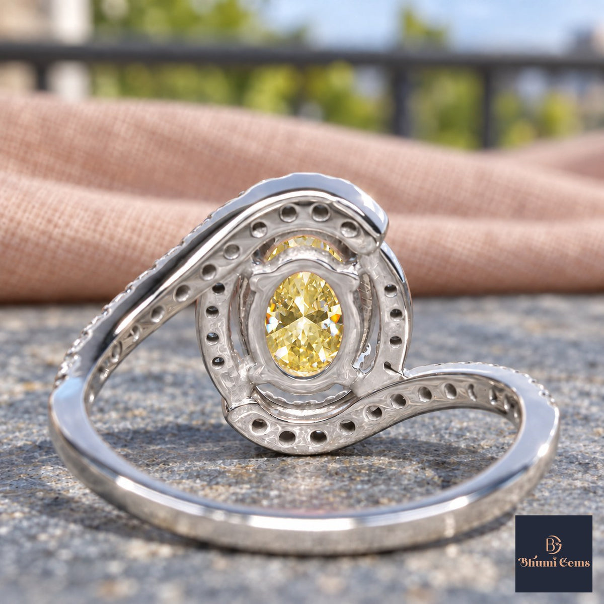 Yellow Oval Cut Lab Grown Diamond Engagement Ring - Halo Bypass in white gold, gallery view