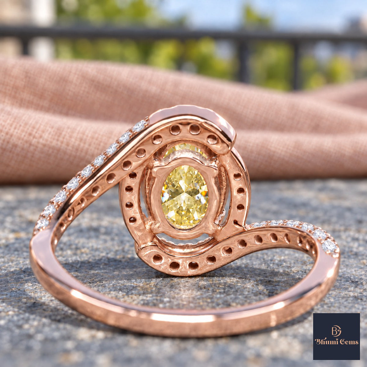 Yellow Oval Cut Lab Grown Diamond Engagement Ring - Halo Bypass in rose gold, gallery view