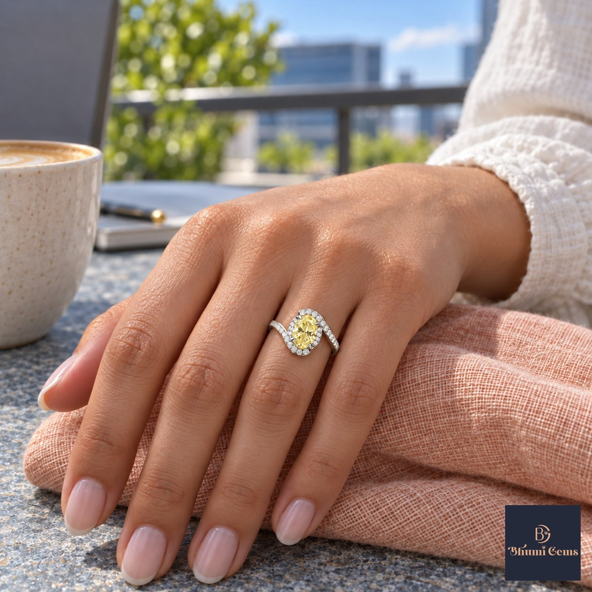 Yellow Oval Cut Lab Grown Diamond Engagement Ring - Halo Bypass in white gold, on the hand