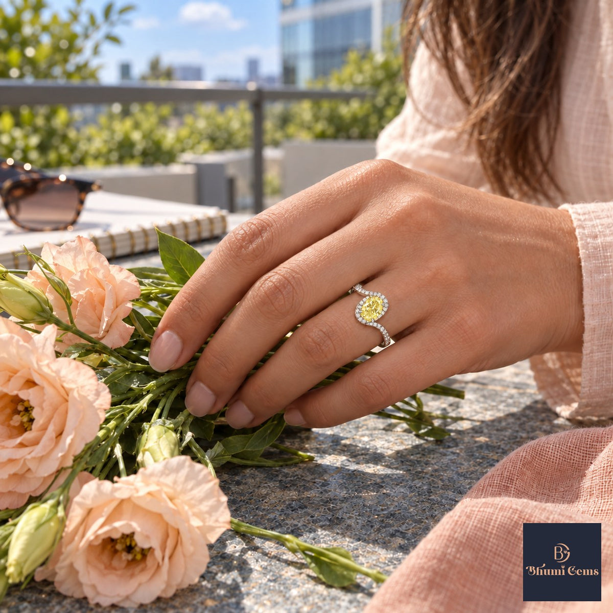 Yellow Oval Cut Lab Grown Diamond Engagement Ring - Halo Bypass in white gold, worn on the hand