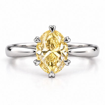 Yellow Oval Cut Lab Grown Diamond Engagement Ring - Heart Prong Solitaire in white gold, front view