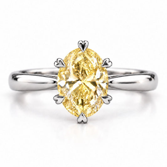 Yellow Oval Cut Lab Grown Diamond Engagement Ring - Heart Prong Solitaire in white gold, front view