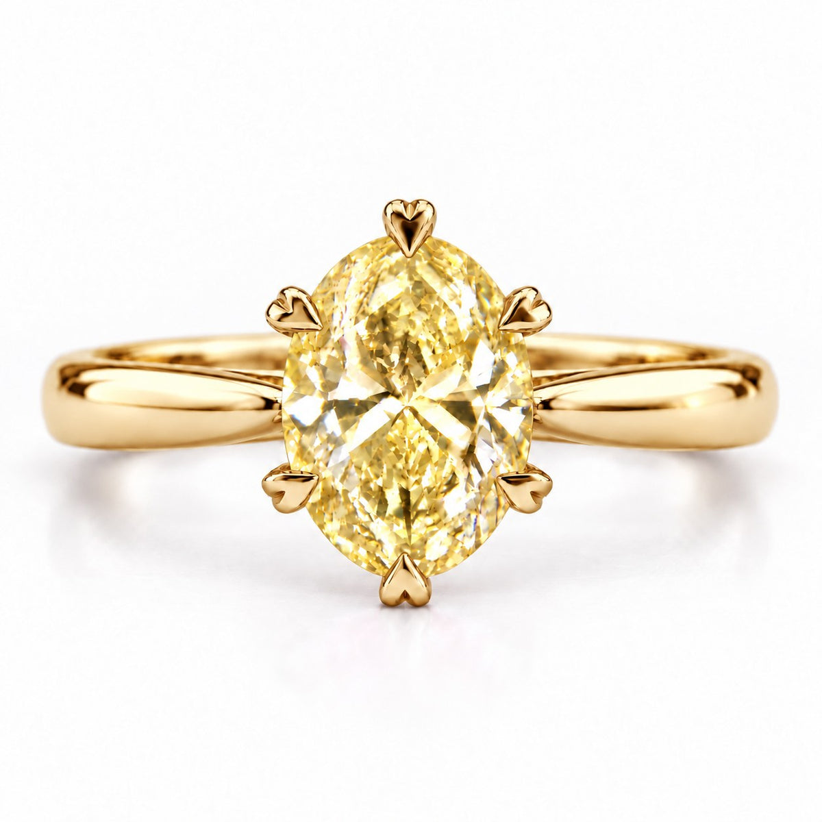 Yellow Oval Cut Lab Grown Diamond Engagement Ring - Heart Prong Solitaire in yellow gold, front view
