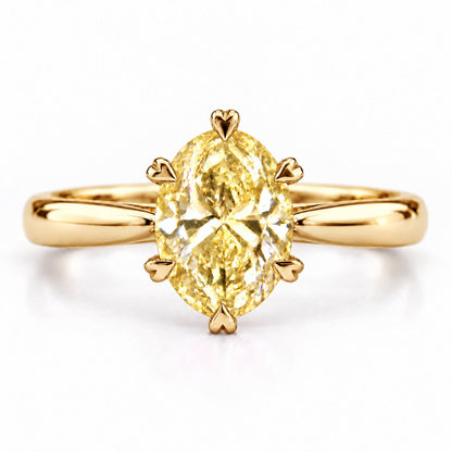 Yellow Oval Cut Lab Grown Diamond Engagement Ring - Heart Prong Solitaire in yellow gold, front view