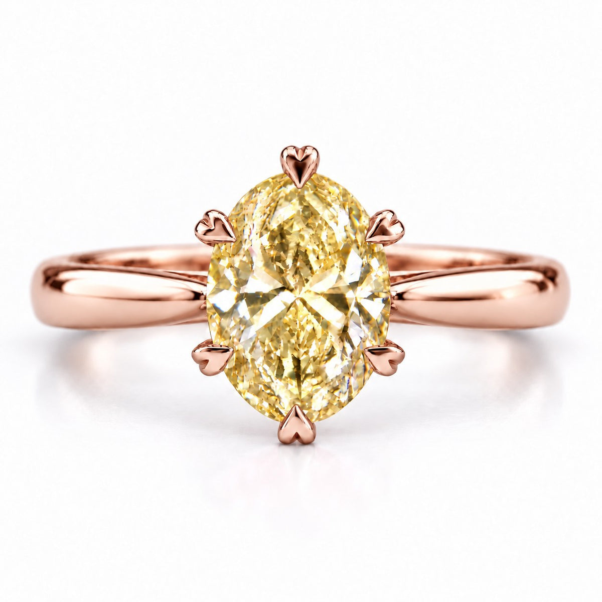 Yellow Oval Cut Lab Grown Diamond Engagement Ring - Heart Prong Solitaire in rose gold, front view