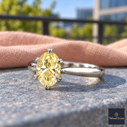 Yellow Oval Cut Lab Grown Diamond Engagement Ring - Heart Prong Solitaire in white gold, close-up