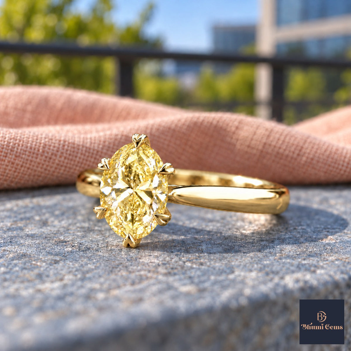 Yellow Oval Cut Lab Grown Diamond Engagement Ring - Heart Prong Solitaire in yellow gold, close-up