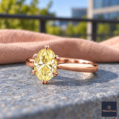 Yellow Oval Cut Lab Grown Diamond Engagement Ring - Heart Prong Solitaire in rose gold, close-up