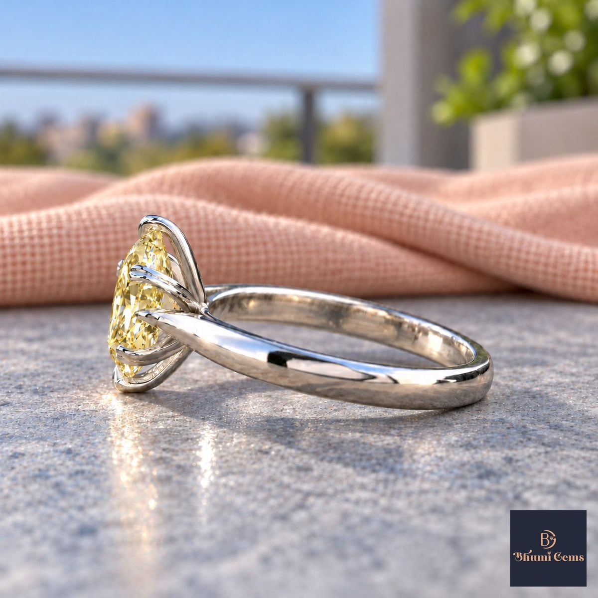 Yellow Oval Cut Lab Grown Diamond Engagement Ring - Heart Prong Solitaire in white gold, side view