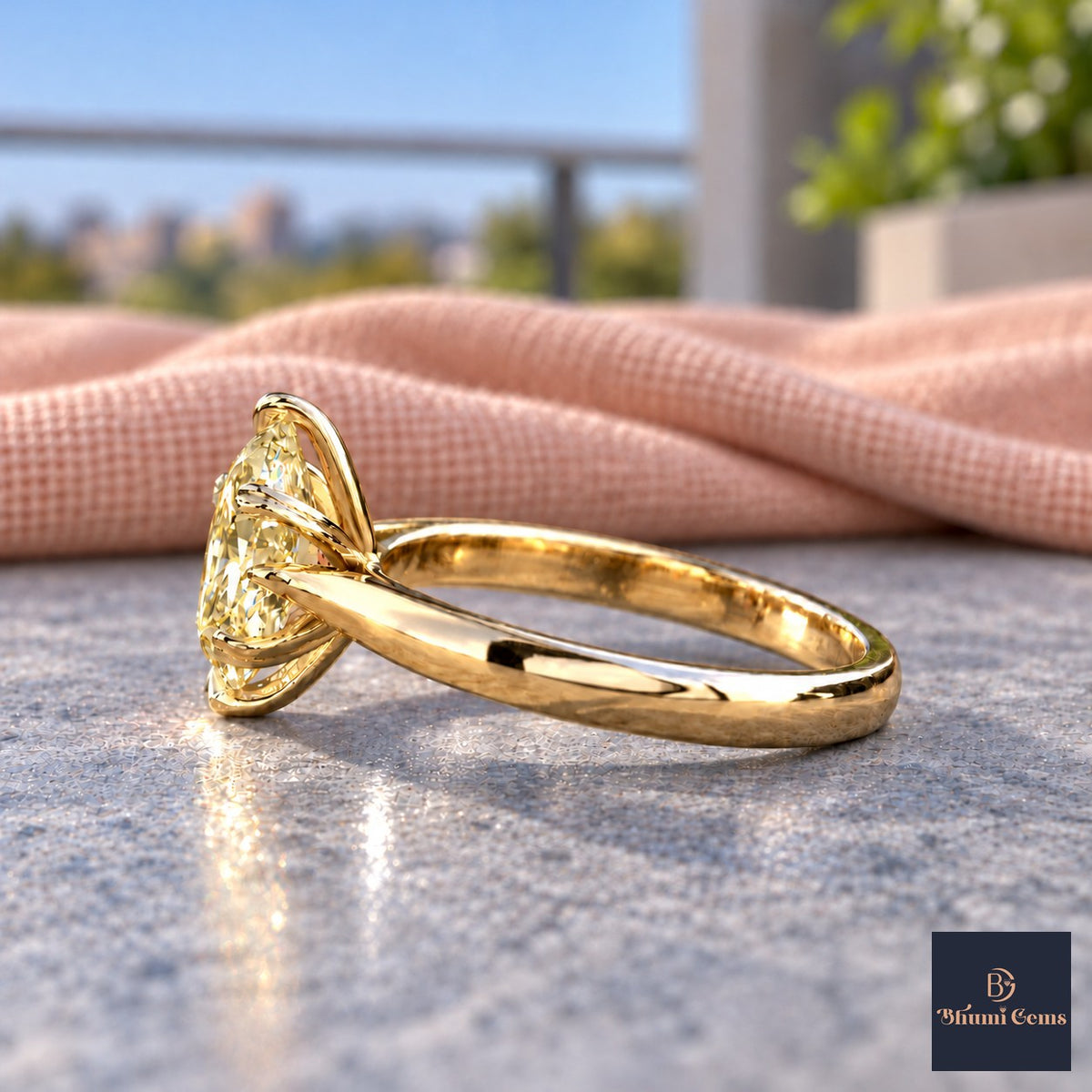Yellow Oval Cut Lab Grown Diamond Engagement Ring - Heart Prong Solitaire in yellow gold, side view