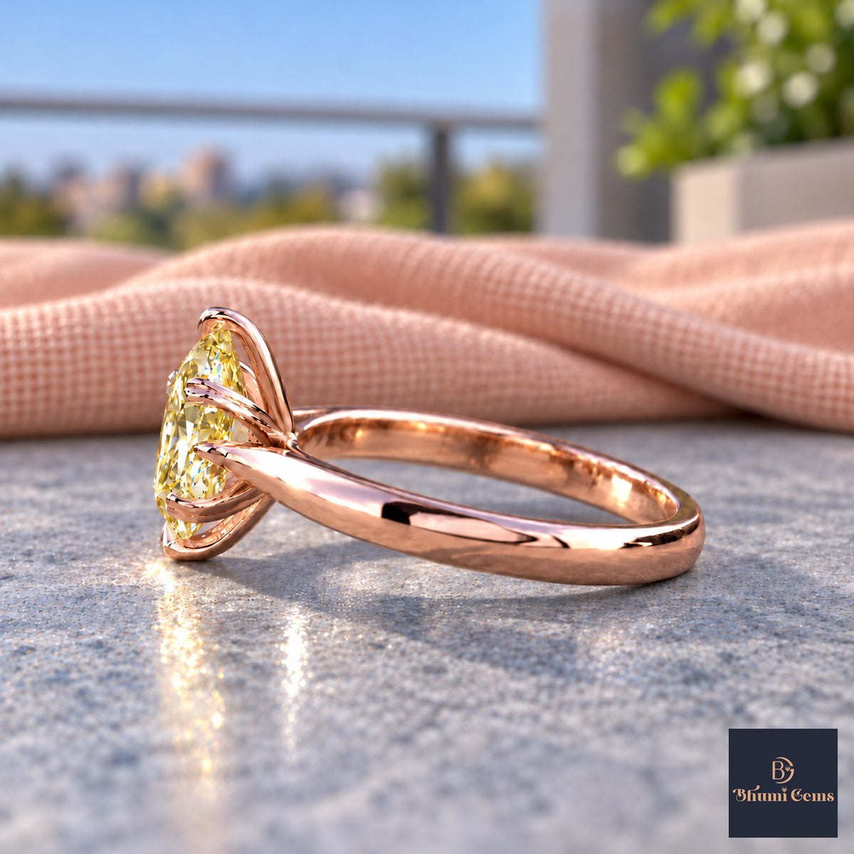 Yellow Oval Cut Lab Grown Diamond Engagement Ring - Heart Prong Solitaire in rose gold, side view