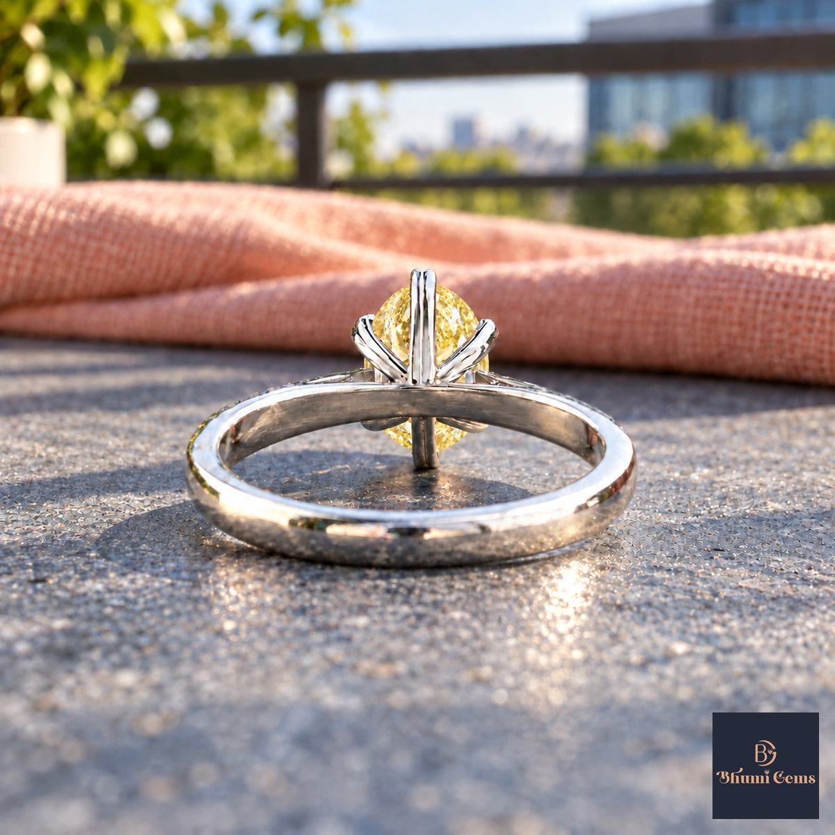 Yellow Oval Cut Lab Grown Diamond Engagement Ring - Heart Prong Solitaire in white gold, gallery view