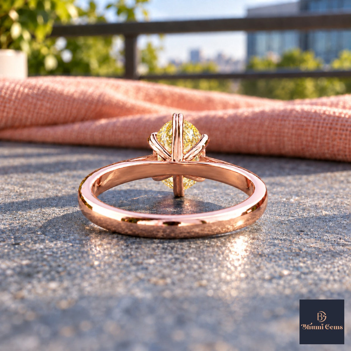 Yellow Oval Cut Lab Grown Diamond Engagement Ring - Heart Prong Solitaire in rose gold, gallery view