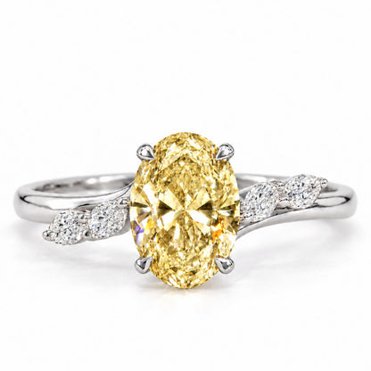 Yellow Oval Cut Lab Grown Diamond Engagement Ring - Leaf Bypass in white gold, front view