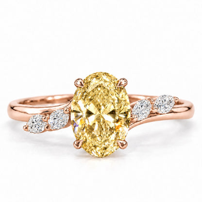 Yellow Oval Cut Lab Grown Diamond Engagement Ring - Leaf Bypass in rose gold, front view