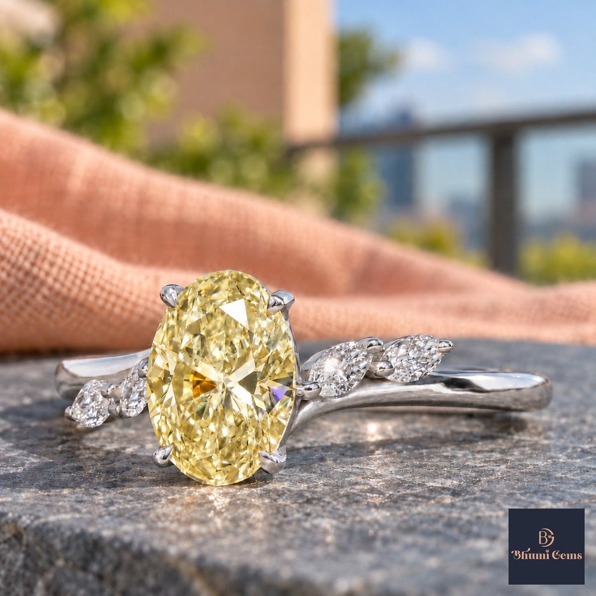 Yellow Oval Cut Lab Grown Diamond Engagement Ring - Leaf Bypass in white gold, close-up