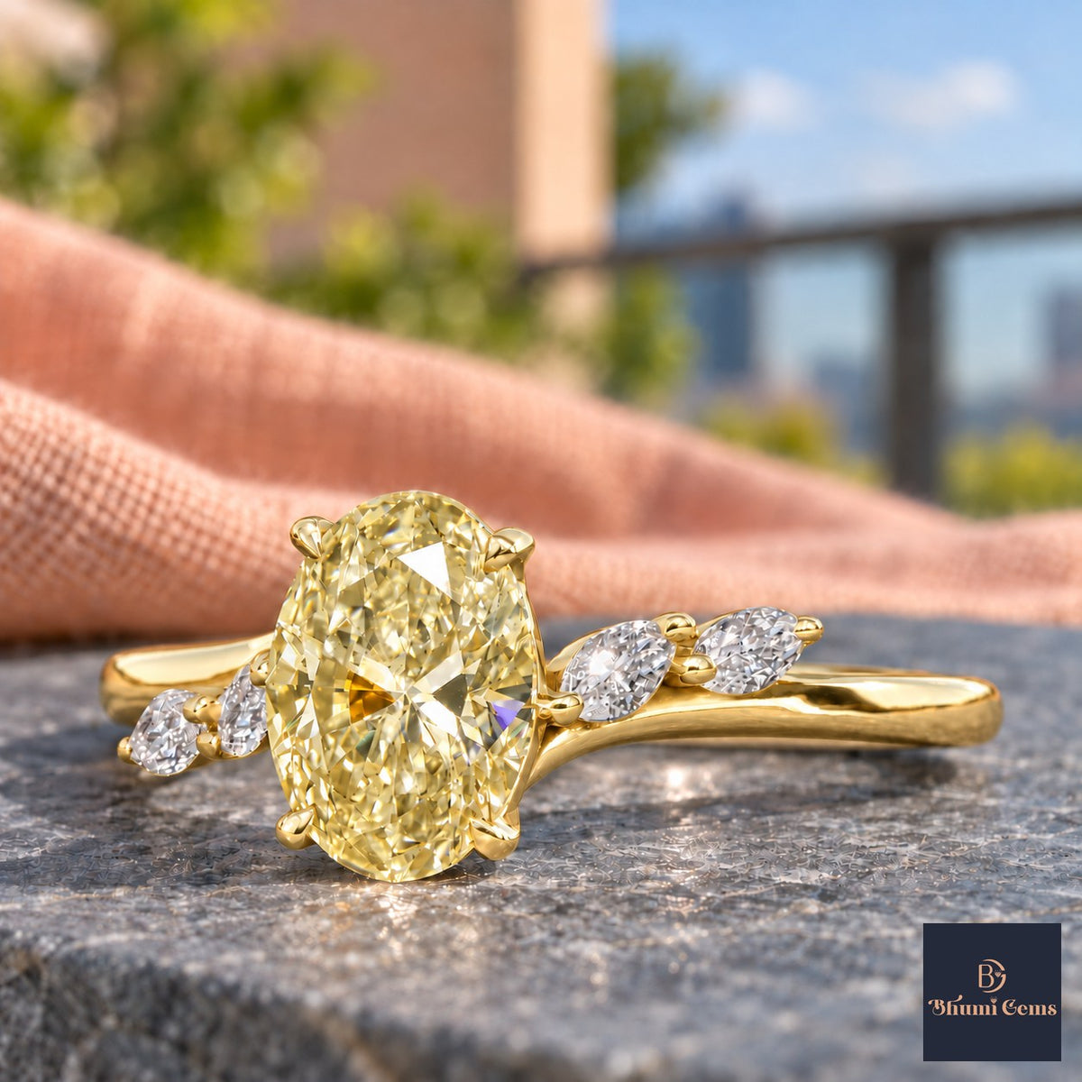 Yellow Oval Cut Lab Grown Diamond Engagement Ring - Leaf Bypass in yellow gold, close-up
