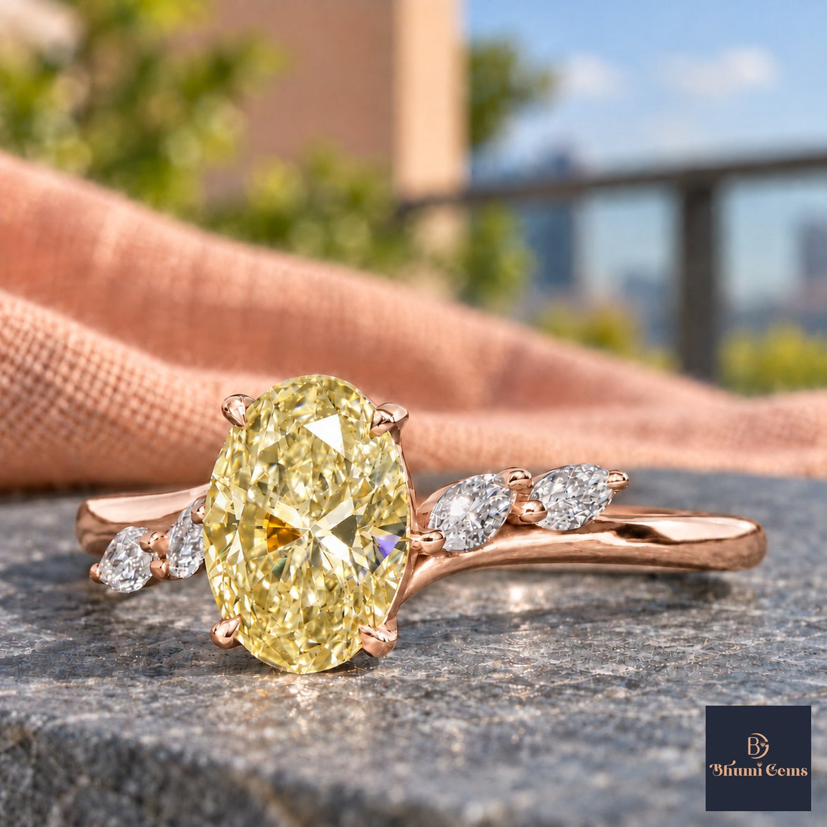Yellow Oval Cut Lab Grown Diamond Engagement Ring - Leaf Bypass in rose gold, close-up