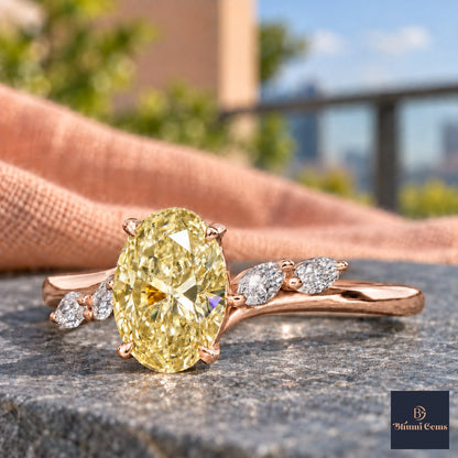 Yellow Oval Cut Lab Grown Diamond Engagement Ring - Leaf Bypass in rose gold, close-up