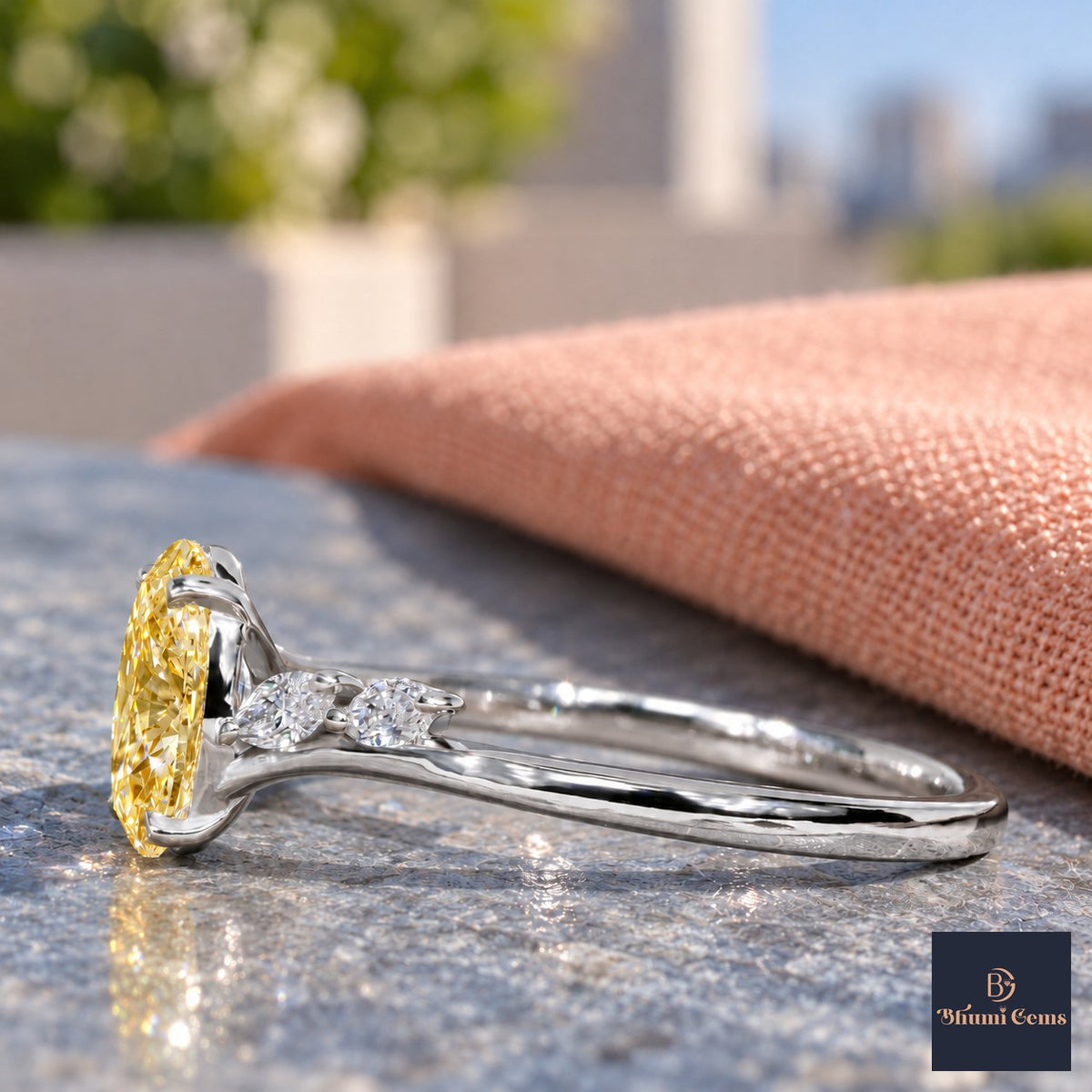 Yellow Oval Cut Lab Grown Diamond Engagement Ring - Leaf Bypass in white gold, side view