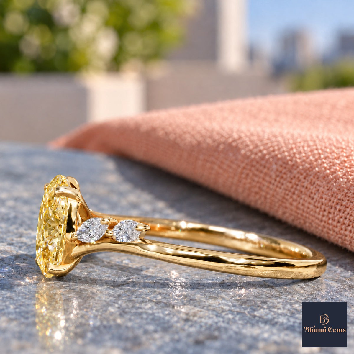 Yellow Oval Cut Lab Grown Diamond Engagement Ring - Leaf Bypass in yellow gold, side view