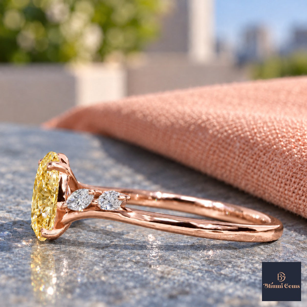 Yellow Oval Cut Lab Grown Diamond Engagement Ring - Leaf Bypass in rose gold, side view