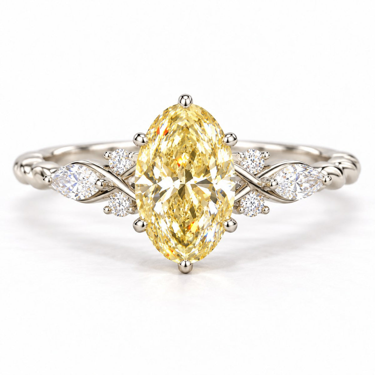 Yellow Oval Cut Lab Grown Diamond Engagement Ring - Leaf Cluster Shoulders in white gold, front view