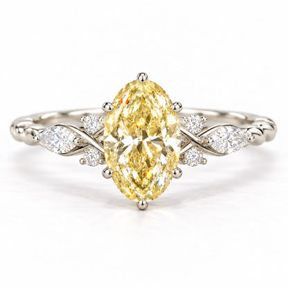 Yellow Oval Cut Lab Grown Diamond Engagement Ring - Leaf Cluster Shoulders in white gold, front view
