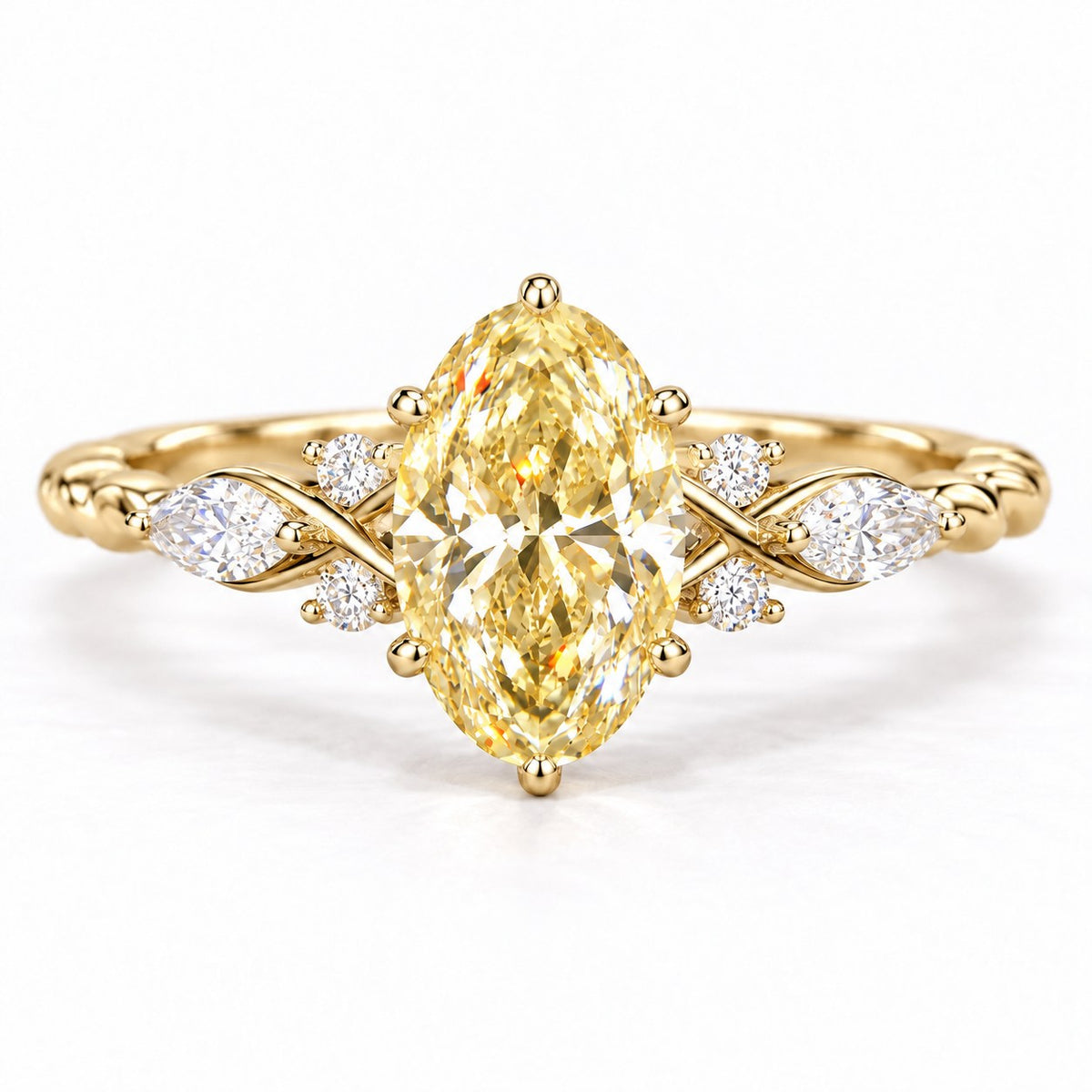 Yellow Oval Cut Lab Grown Diamond Engagement Ring - Leaf Cluster Shoulders in yellow gold, front view