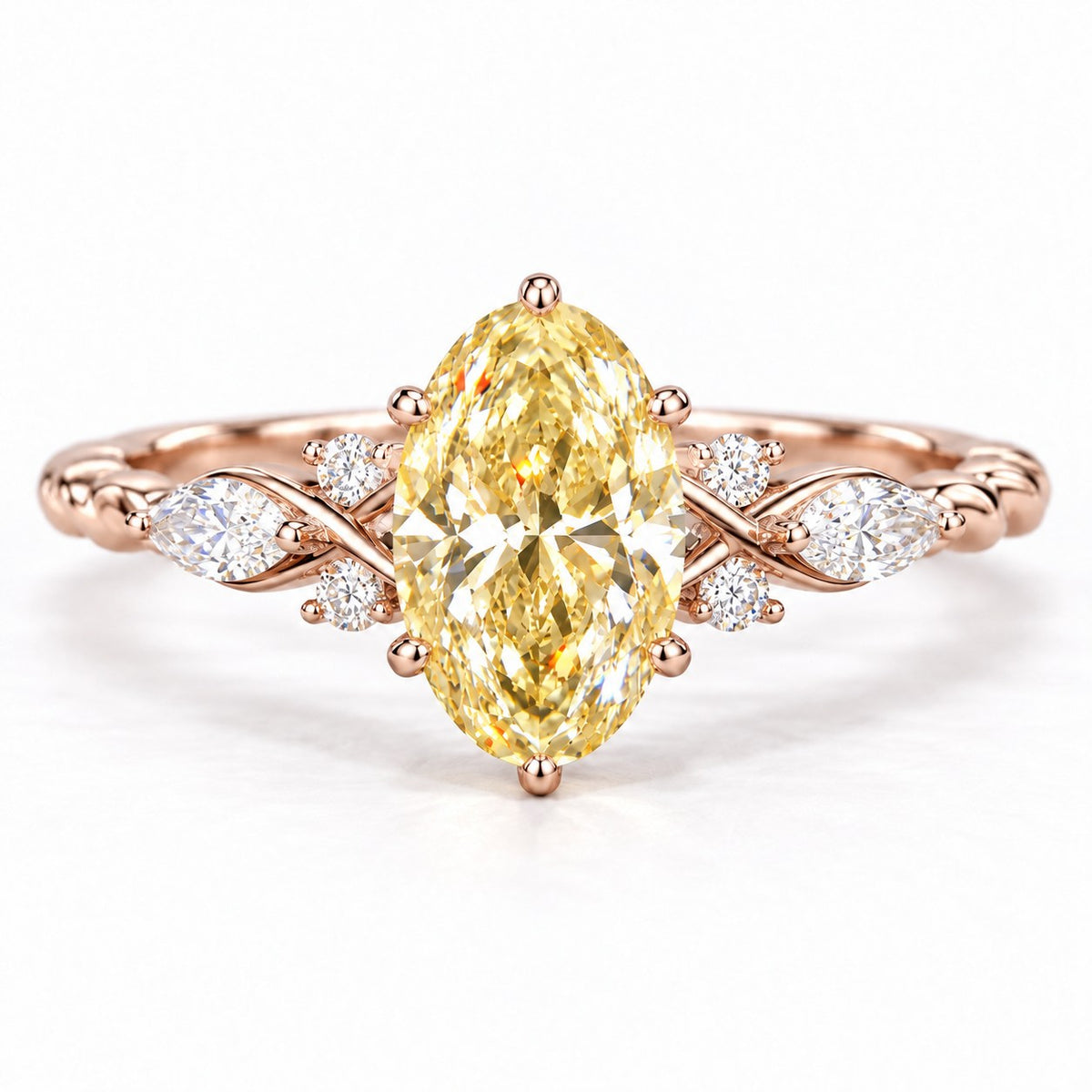 Yellow Oval Cut Lab Grown Diamond Engagement Ring - Leaf Cluster Shoulders in rose gold, front view
