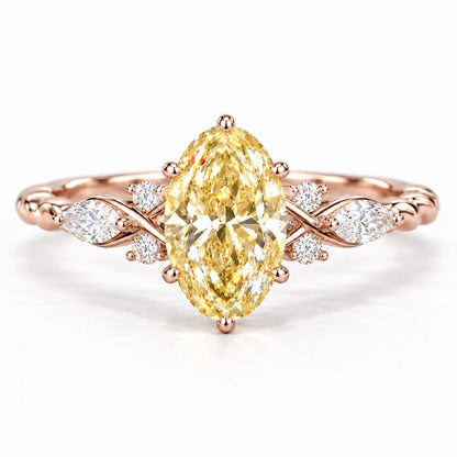 Yellow Oval Cut Lab Grown Diamond Engagement Ring - Leaf Cluster Shoulders in rose gold, front view