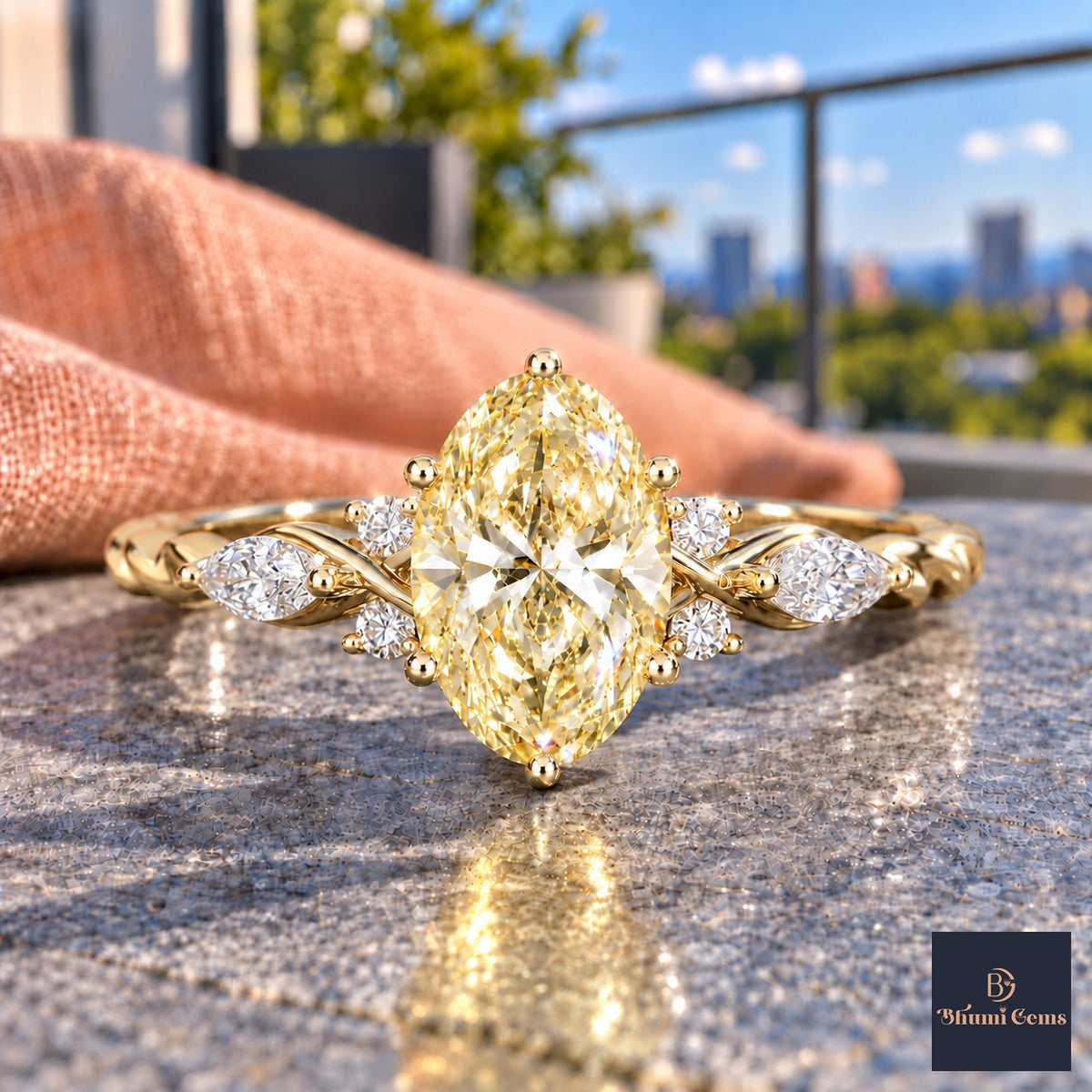 Yellow Oval Cut Lab Grown Diamond Engagement Ring - Leaf Cluster Shoulders in yellow gold, close-up