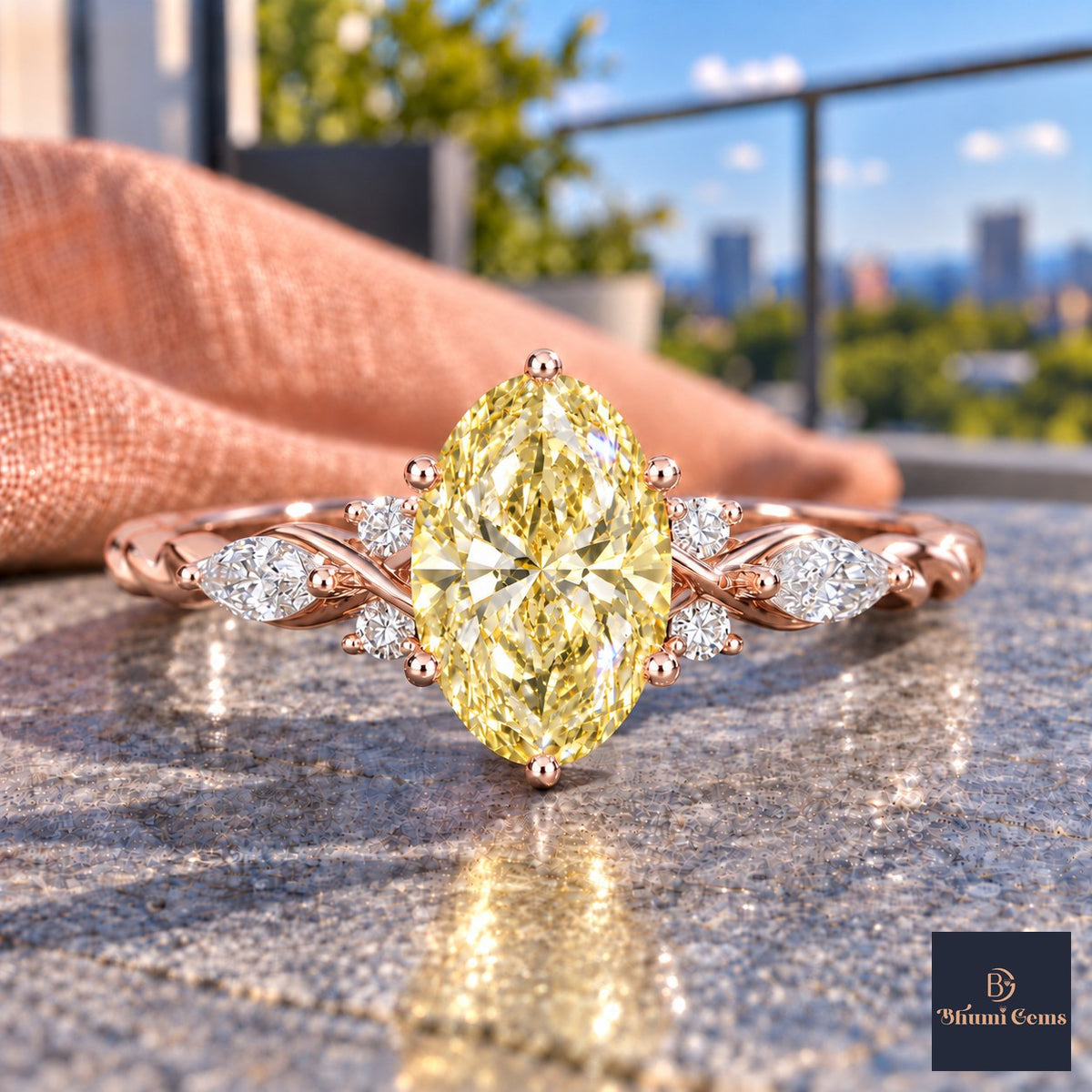 Yellow Oval Cut Lab Grown Diamond Engagement Ring - Leaf Cluster Shoulders in rose gold, close-up