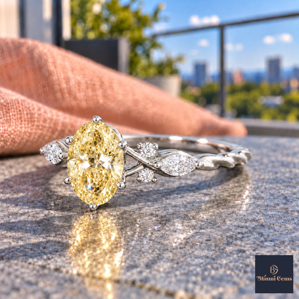 Yellow Oval Cut Lab Grown Diamond Engagement Ring - Leaf Cluster Shoulders in white gold, side view