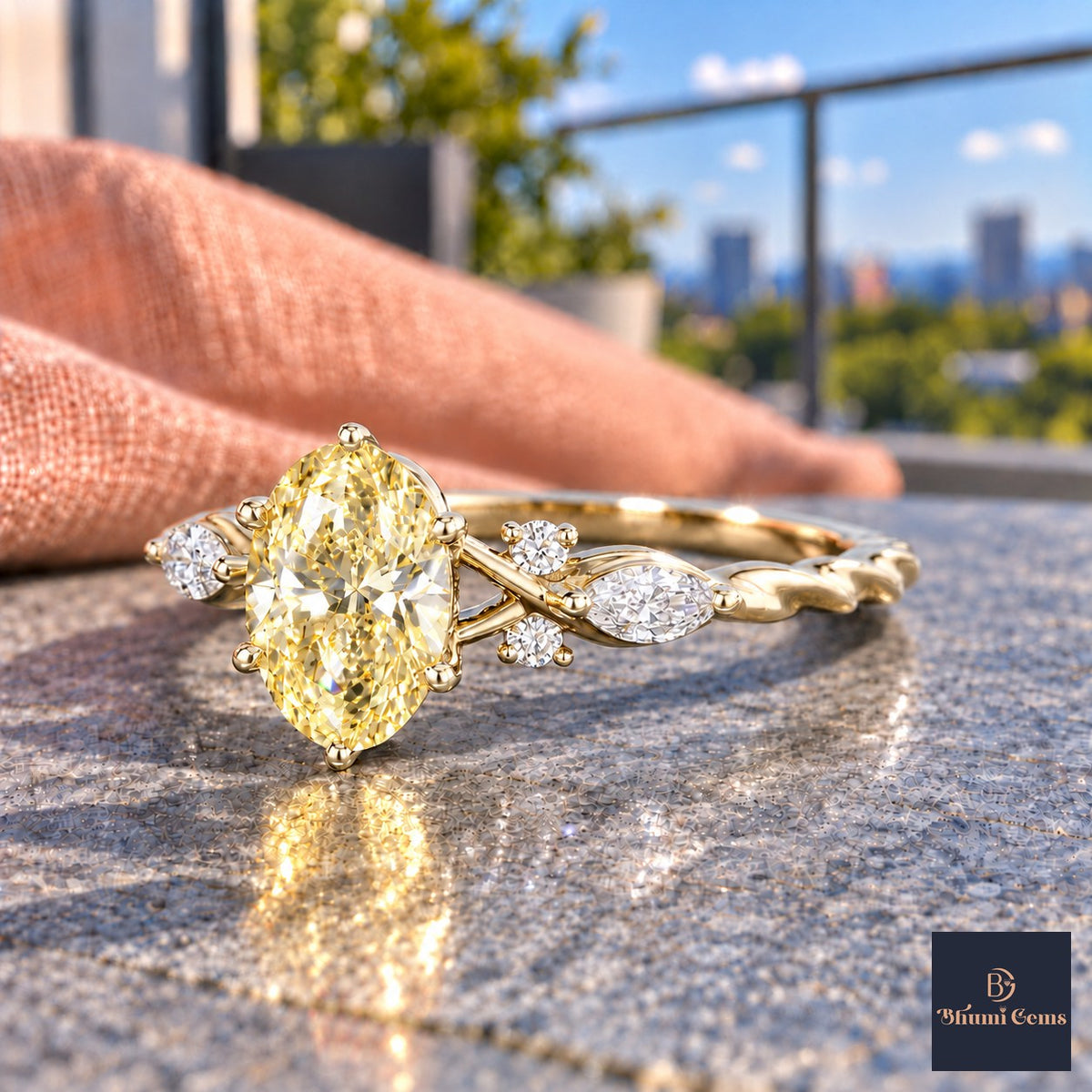 Yellow Oval Cut Lab Grown Diamond Engagement Ring - Leaf Cluster Shoulders in yellow gold, side view