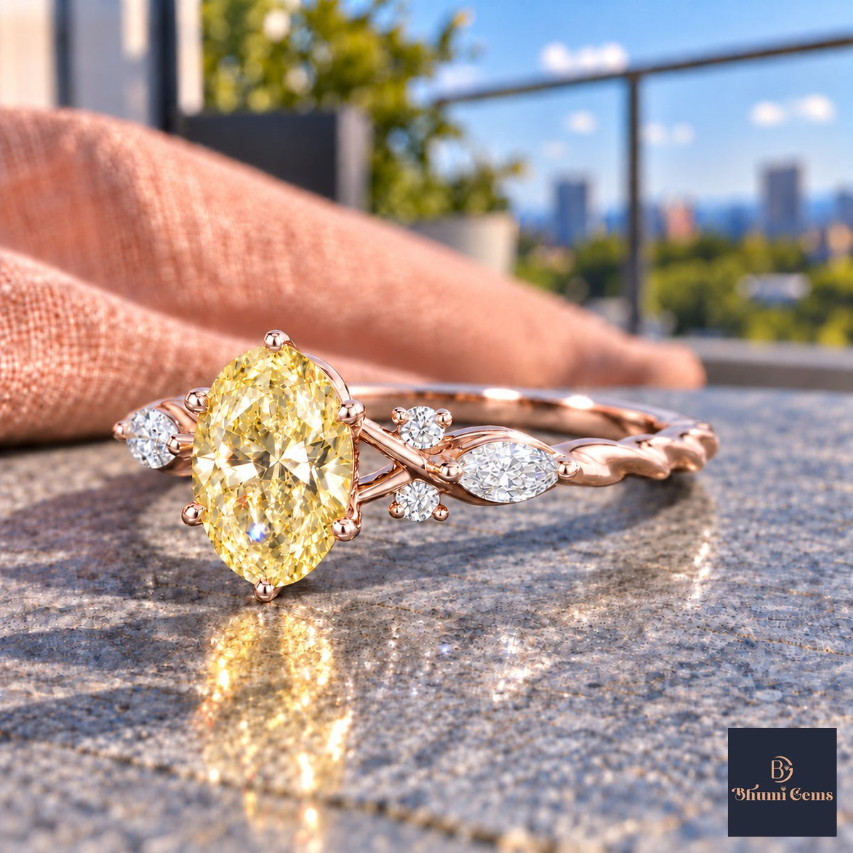 Yellow Oval Cut Lab Grown Diamond Engagement Ring - Leaf Cluster Shoulders in rose gold, side view