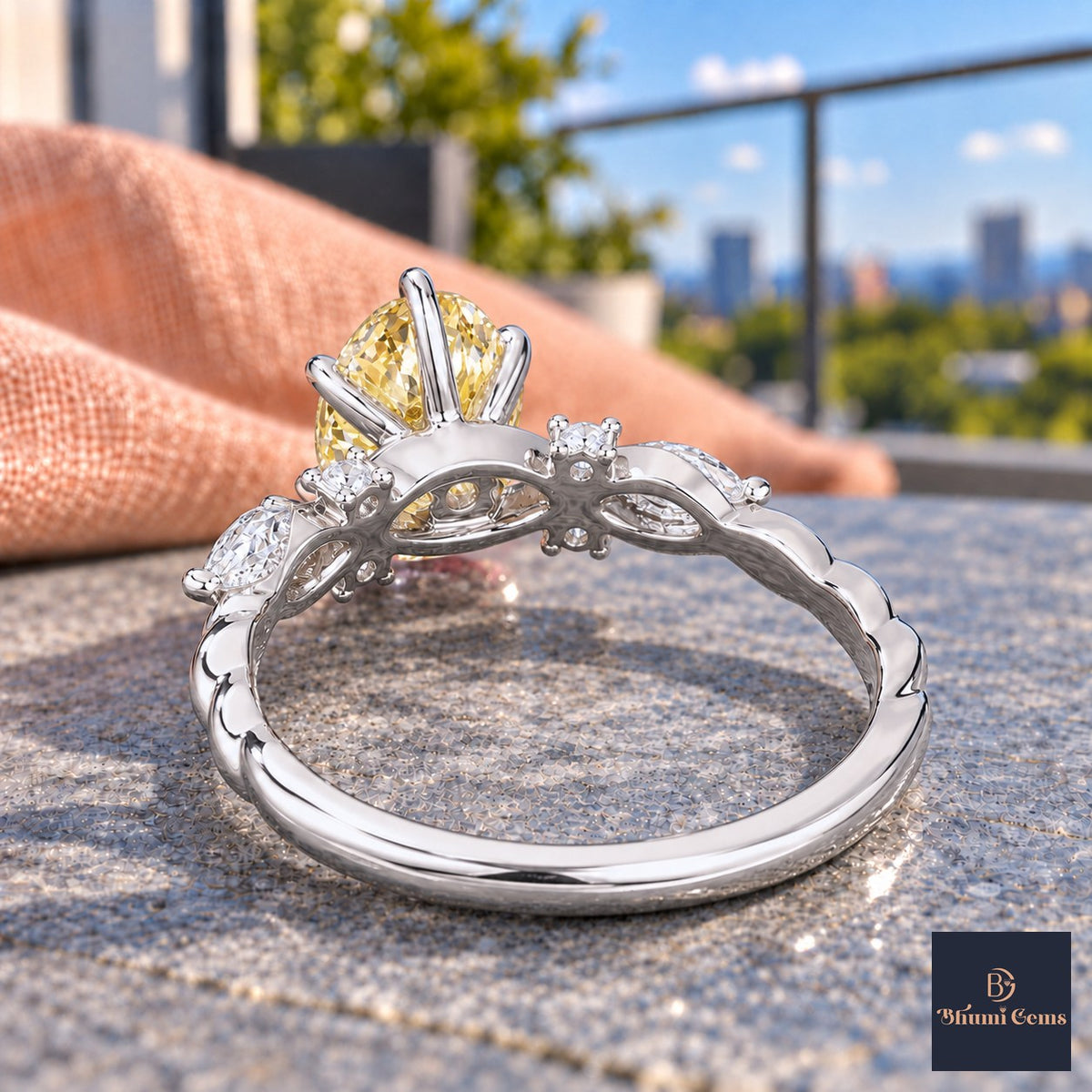 Yellow Oval Cut Lab Grown Diamond Engagement Ring - Leaf Cluster Shoulders in white gold, gallery view